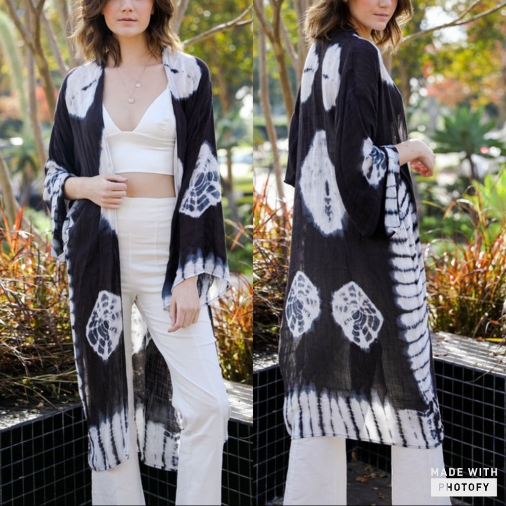Tie Dye Kimono Duster Cover Up Black - Picture 1 of 2